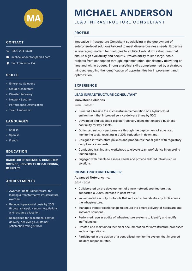 Infrastructure Consultant Resume Preview Example