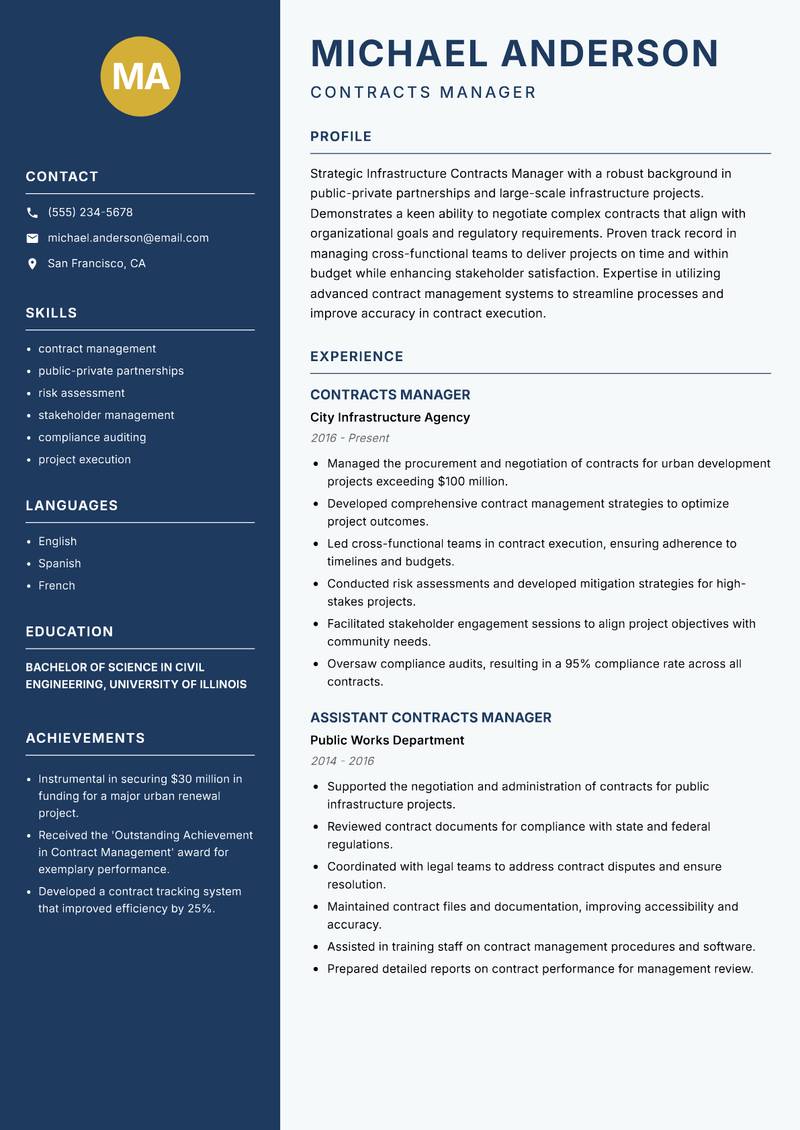 Infrastructure Contracts Manager Resume Preview Example