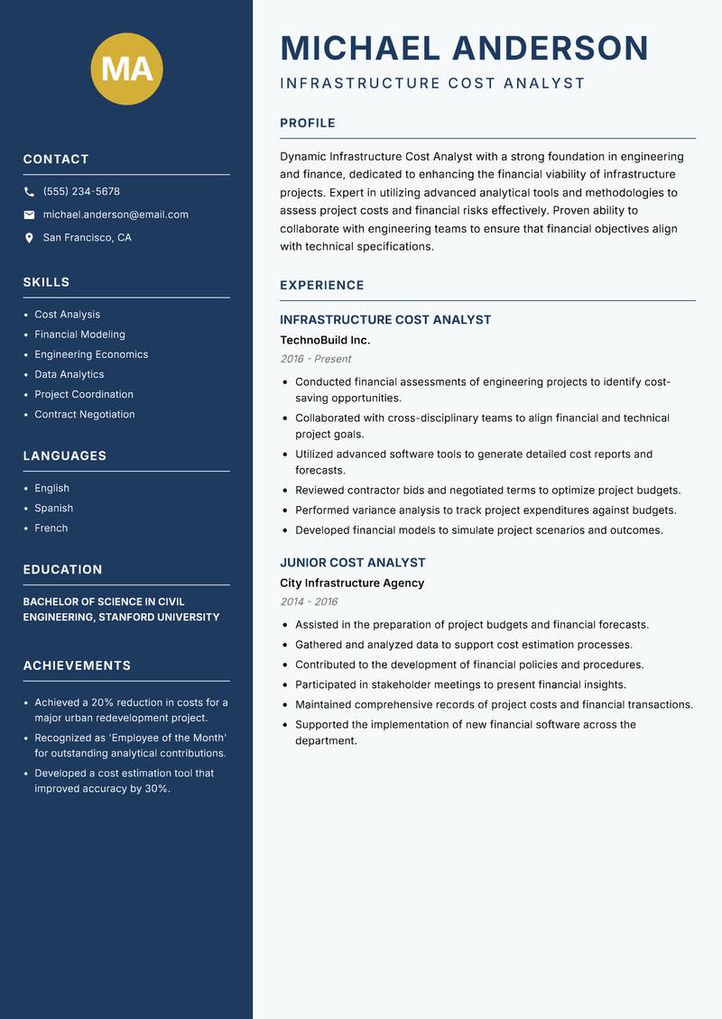 Infrastructure Cost Analyst Resume Preview Example