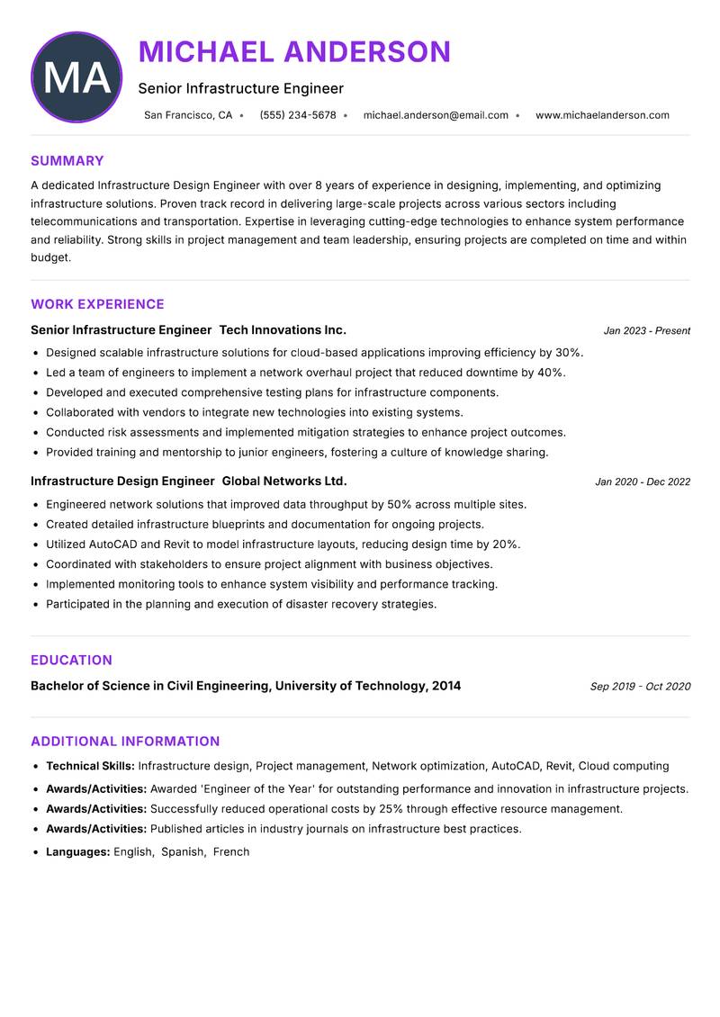 Infrastructure Design Engineer Resume Preview Example