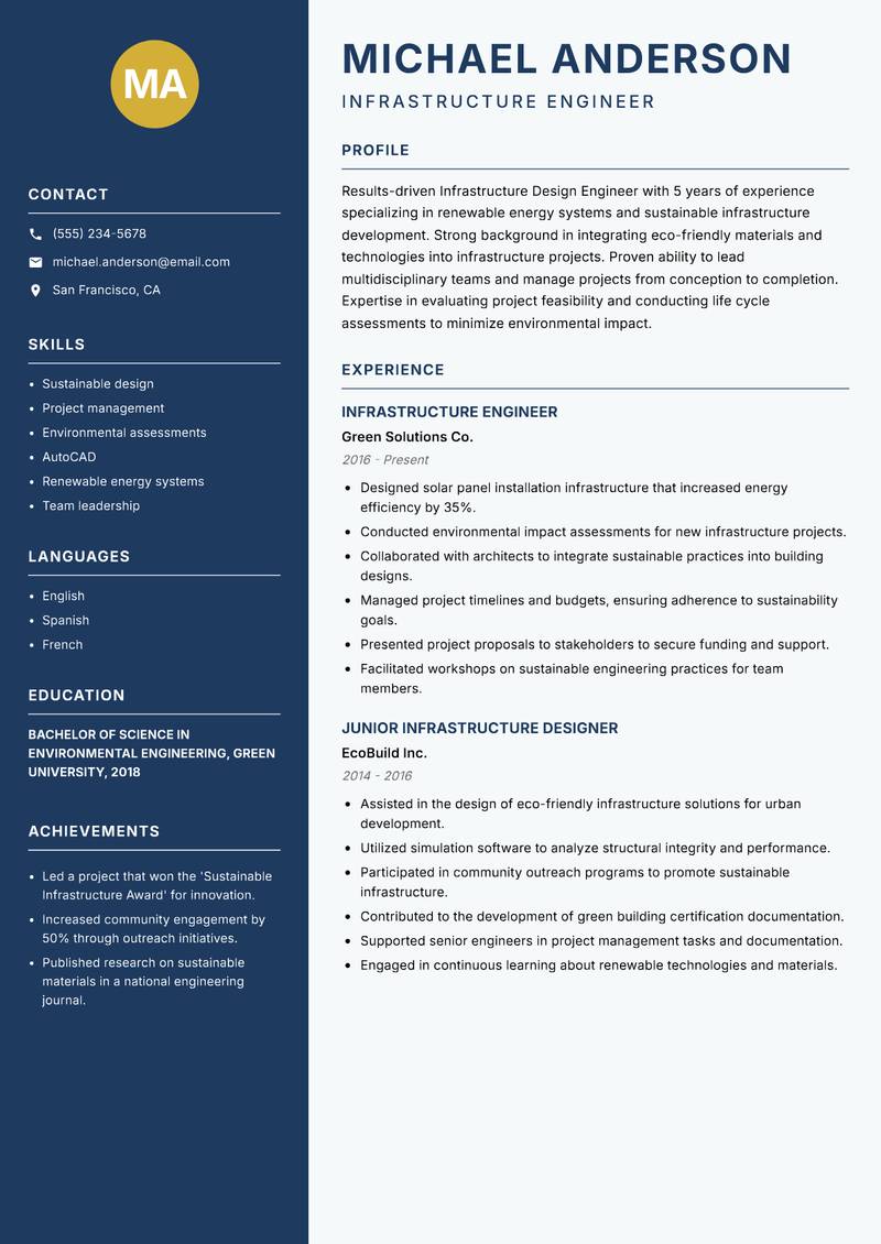 Infrastructure Design Engineer Resume Preview Example