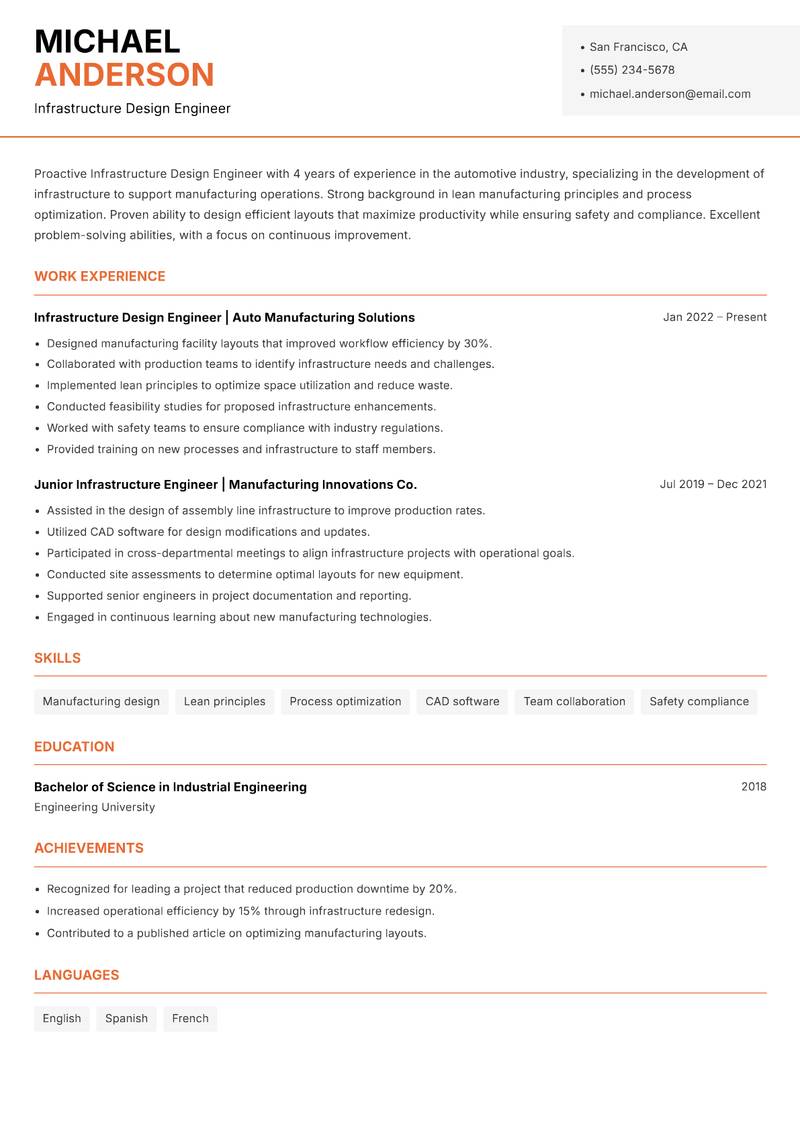 Infrastructure Design Engineer Resume Template