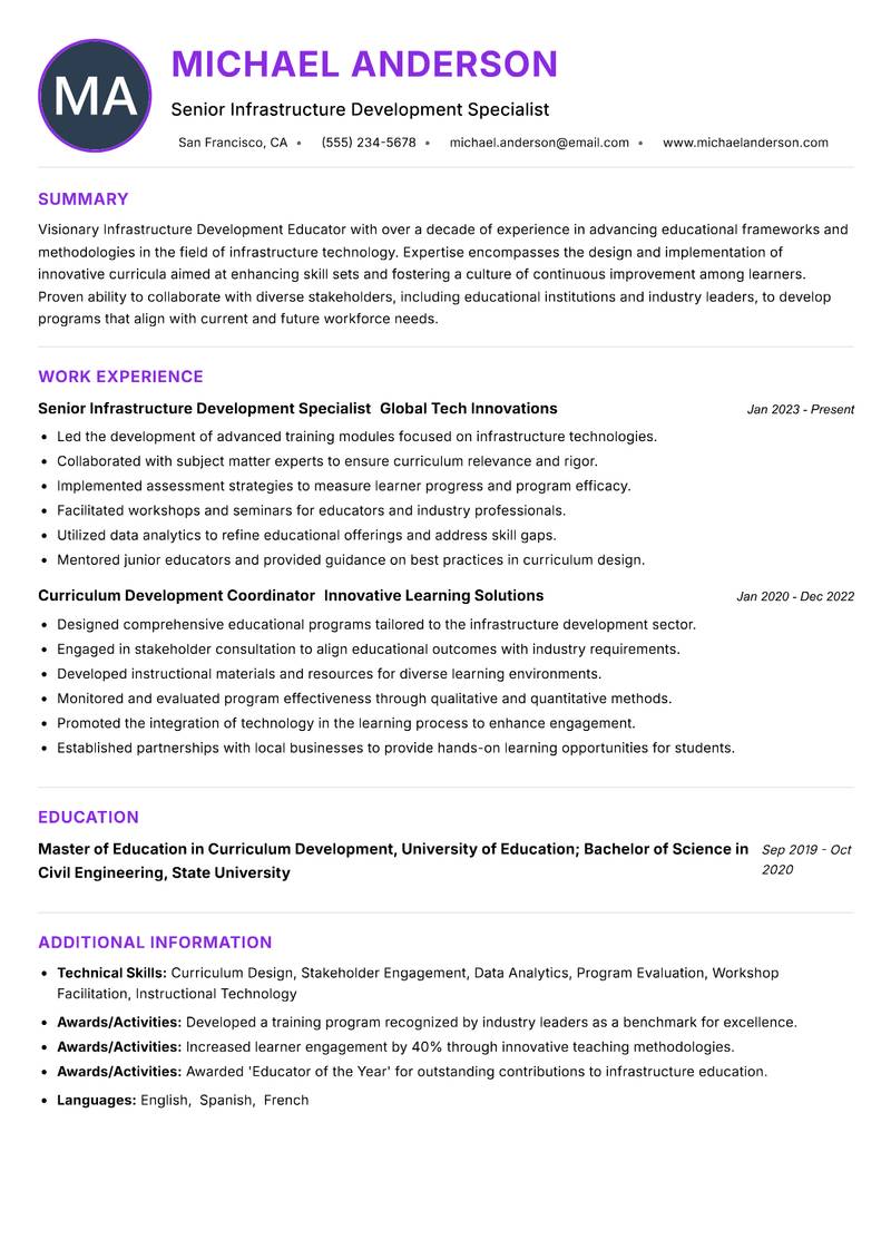 Infrastructure Development Educator Resume Preview Example