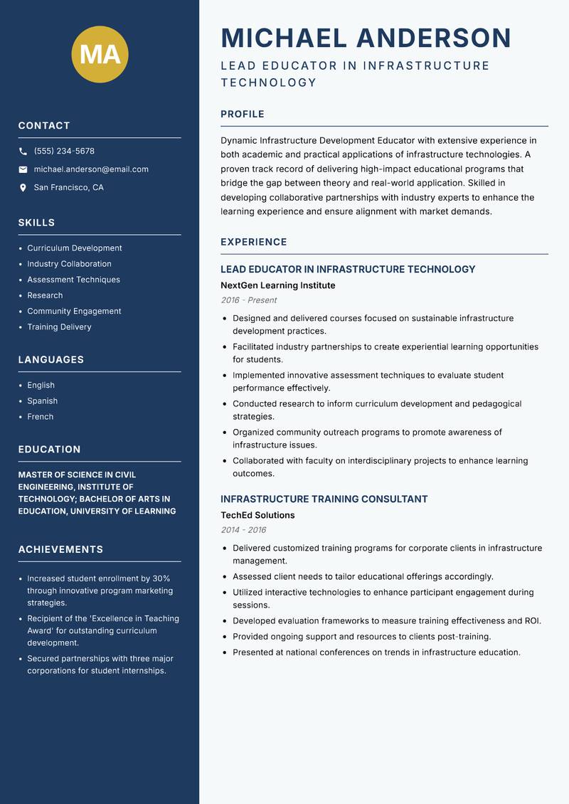 Infrastructure Development Educator Resume Preview Example