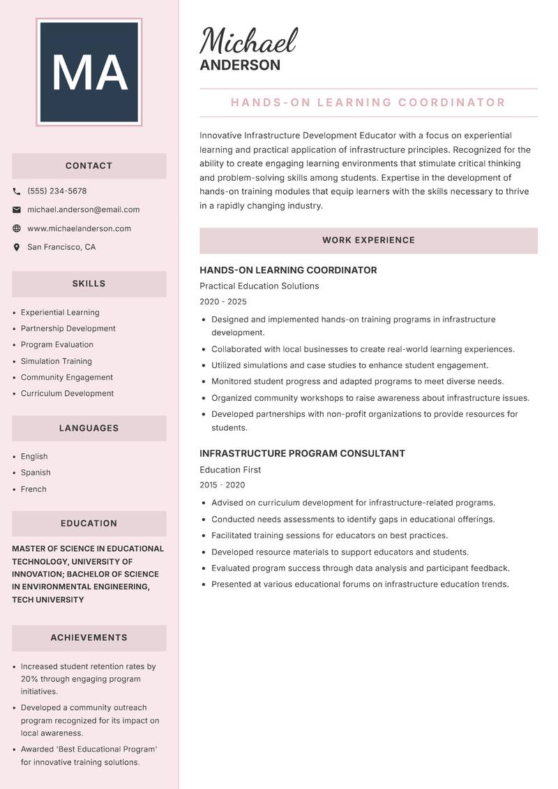 Infrastructure Development Educator Resume Preview Example