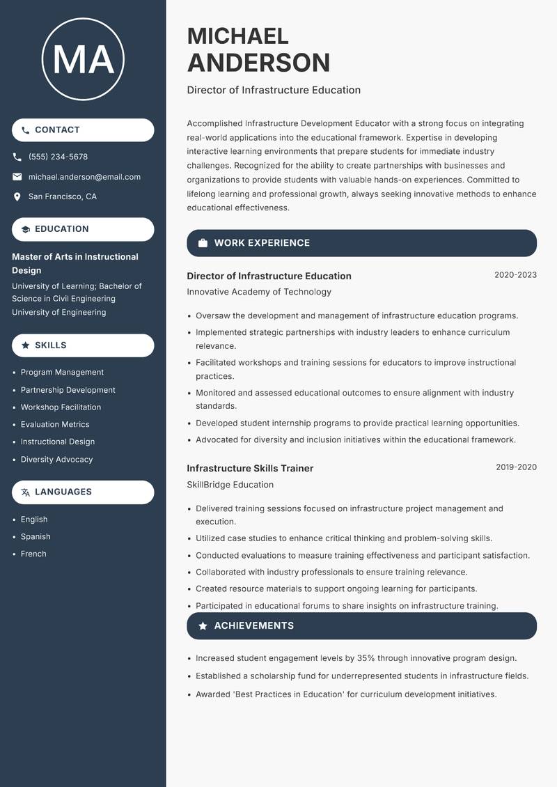Infrastructure Development Educator Resume Preview Example