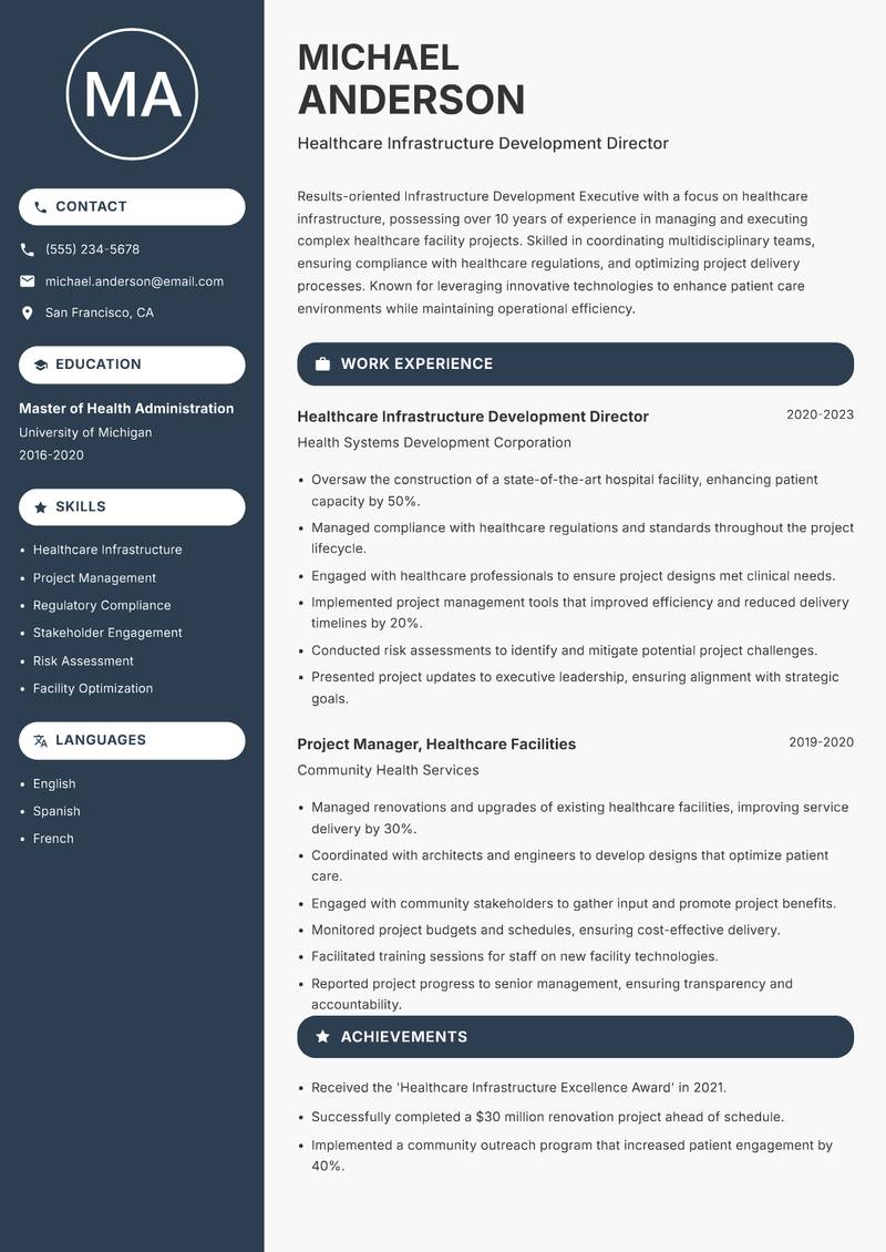 Infrastructure Development Executive Resume Preview Example