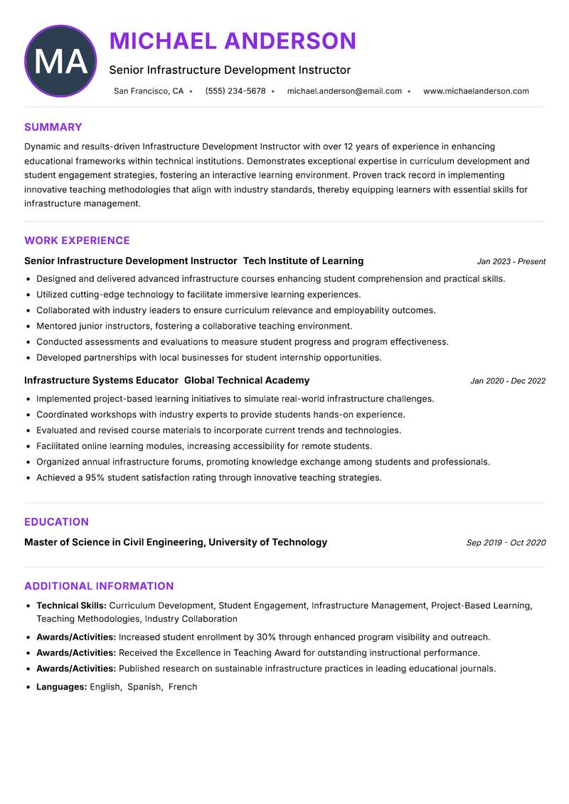 Infrastructure Development Instructor Resume Preview Example