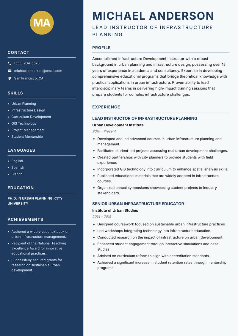 Infrastructure Development Instructor Resume Preview Example