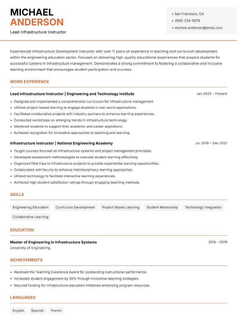 Infrastructure Development Instructor Resume Template