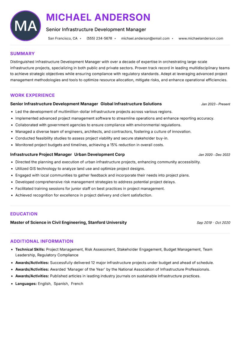 Infrastructure Development Manager Resume Preview Example