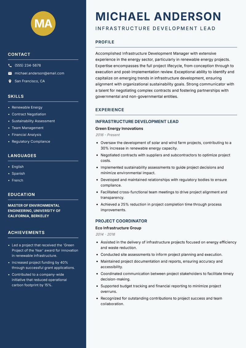 Infrastructure Development Manager Resume Preview Example