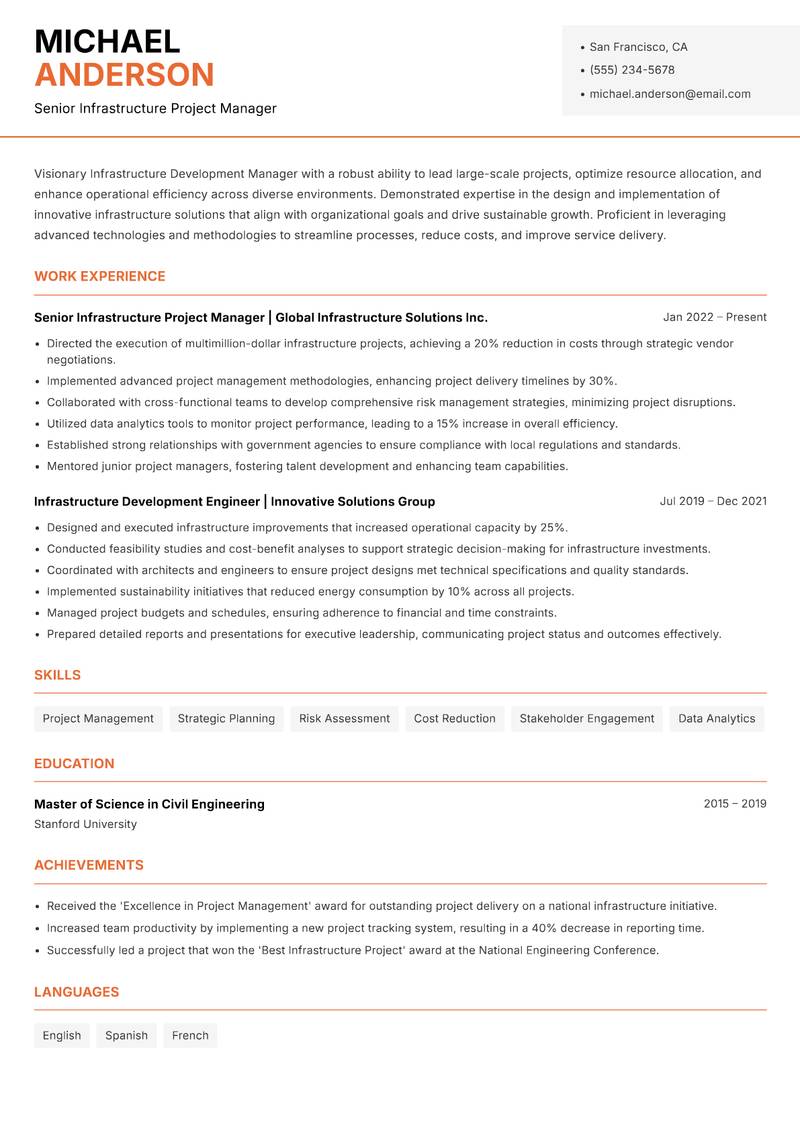 Infrastructure Development Manager Resume Template