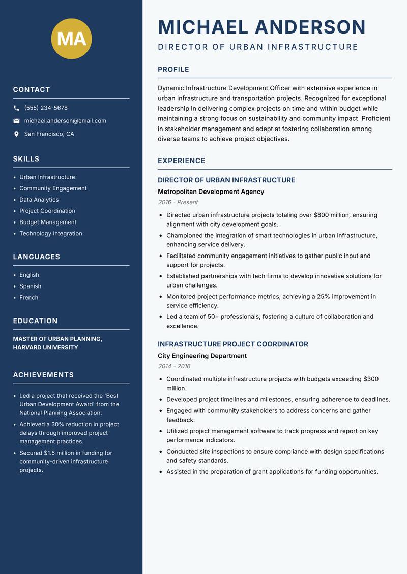 Infrastructure Development Officer Resume Preview Example