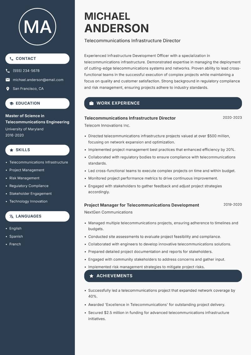 Infrastructure Development Officer Resume Preview Example