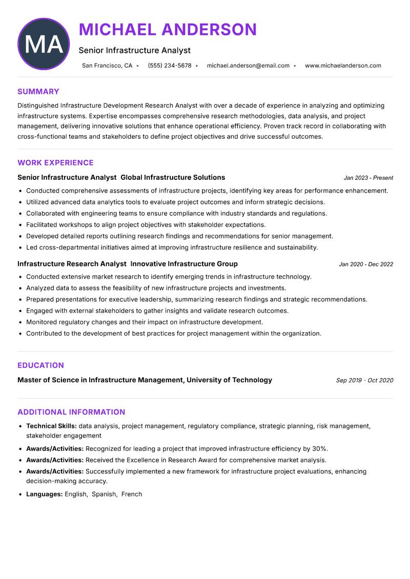 Infrastructure Development Research Analyst Resume Preview Example