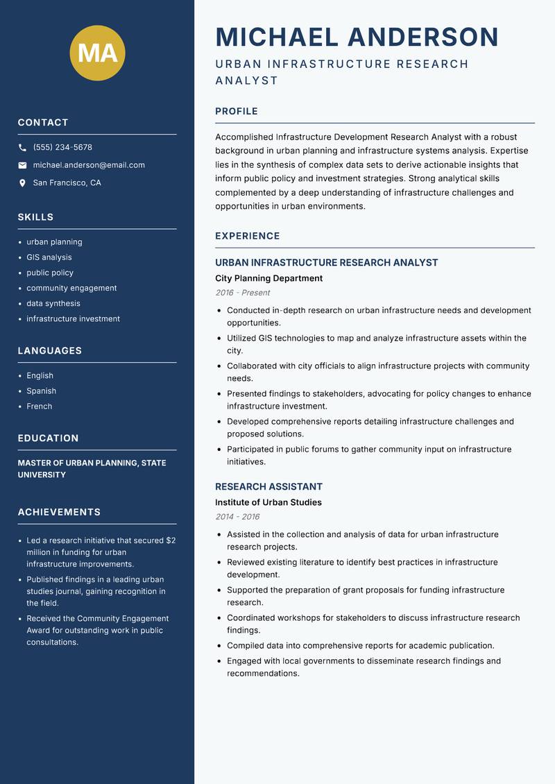 Infrastructure Development Research Analyst Resume Preview Example
