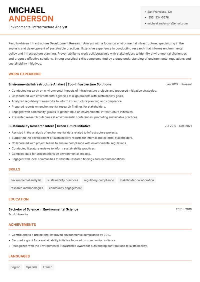 Infrastructure Development Research Analyst Resume Template