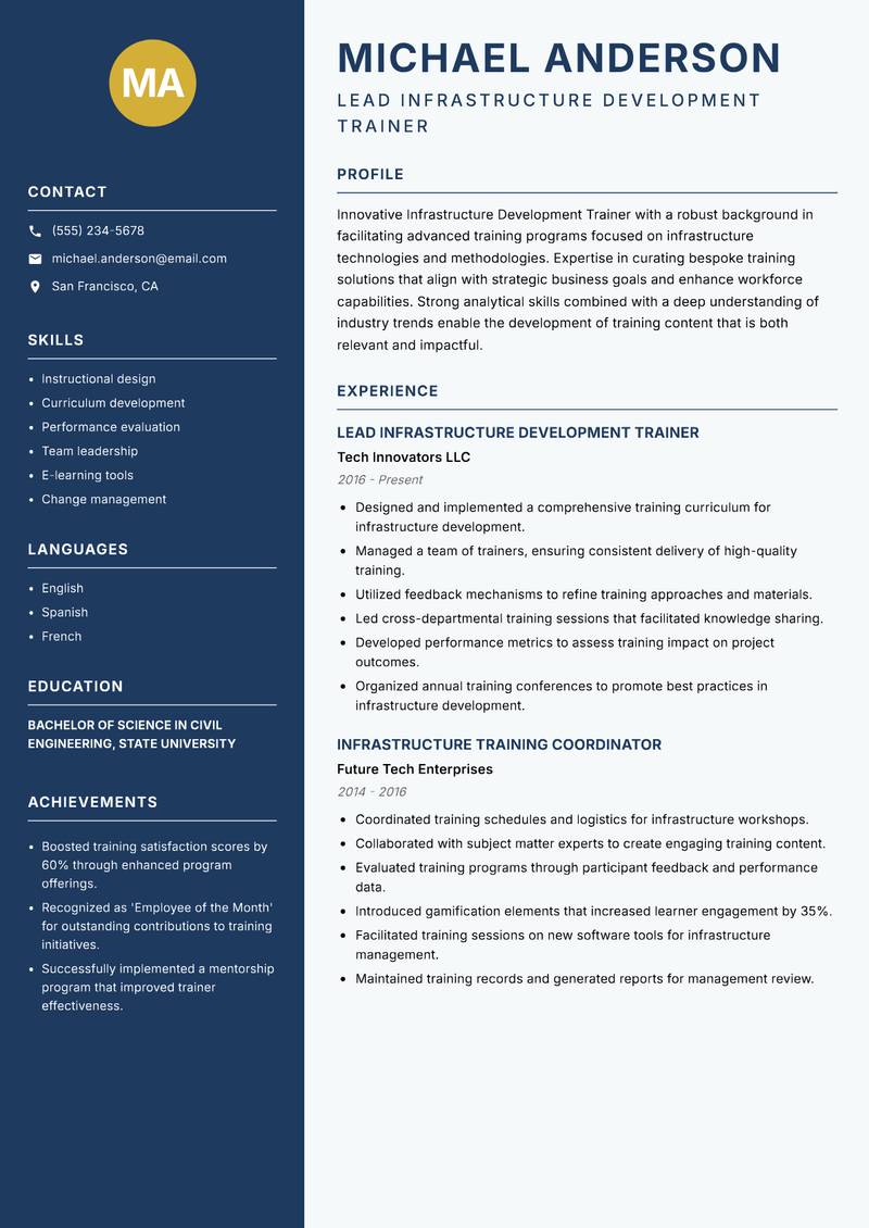 Infrastructure Development Trainer Resume Preview Example