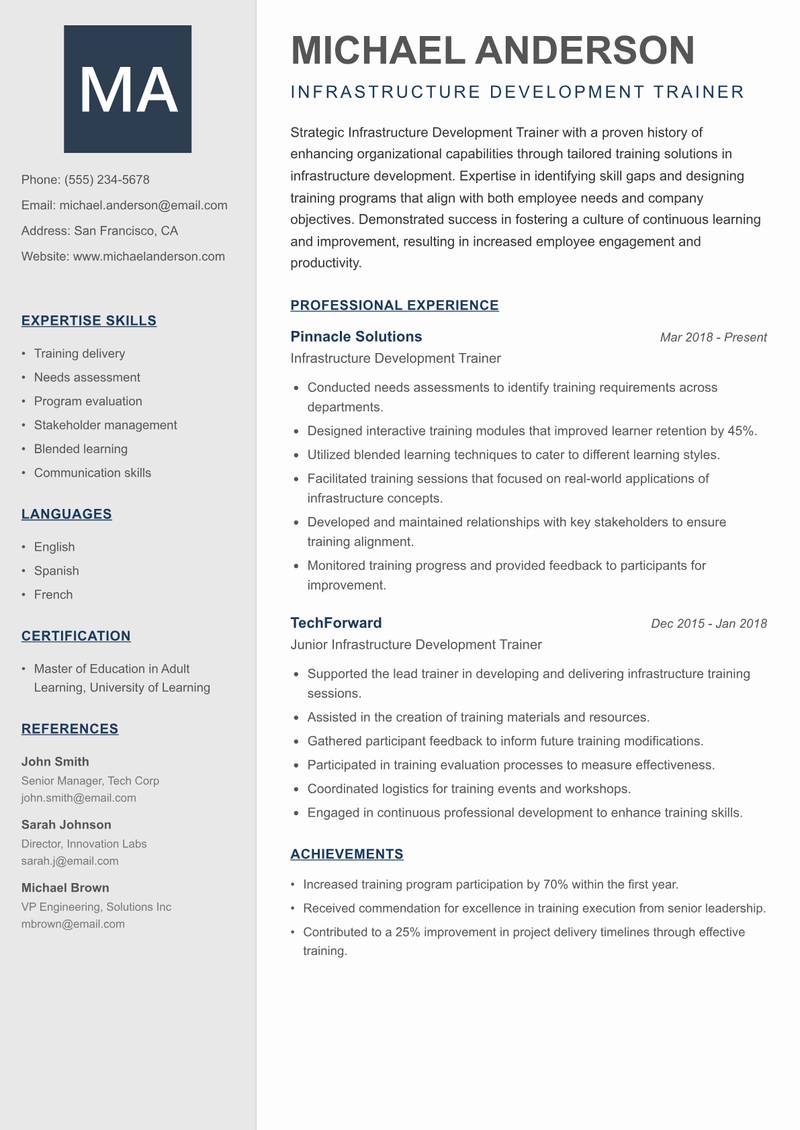 Infrastructure Development Trainer Resume Preview Example