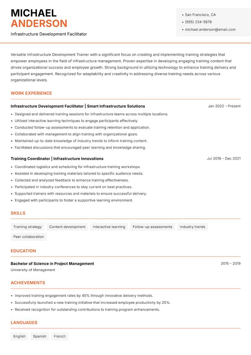 Infrastructure Development Trainer Resume Template