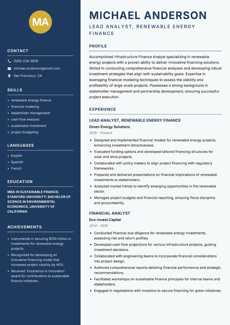 Infrastructure Finance Analyst Resume Preview Example