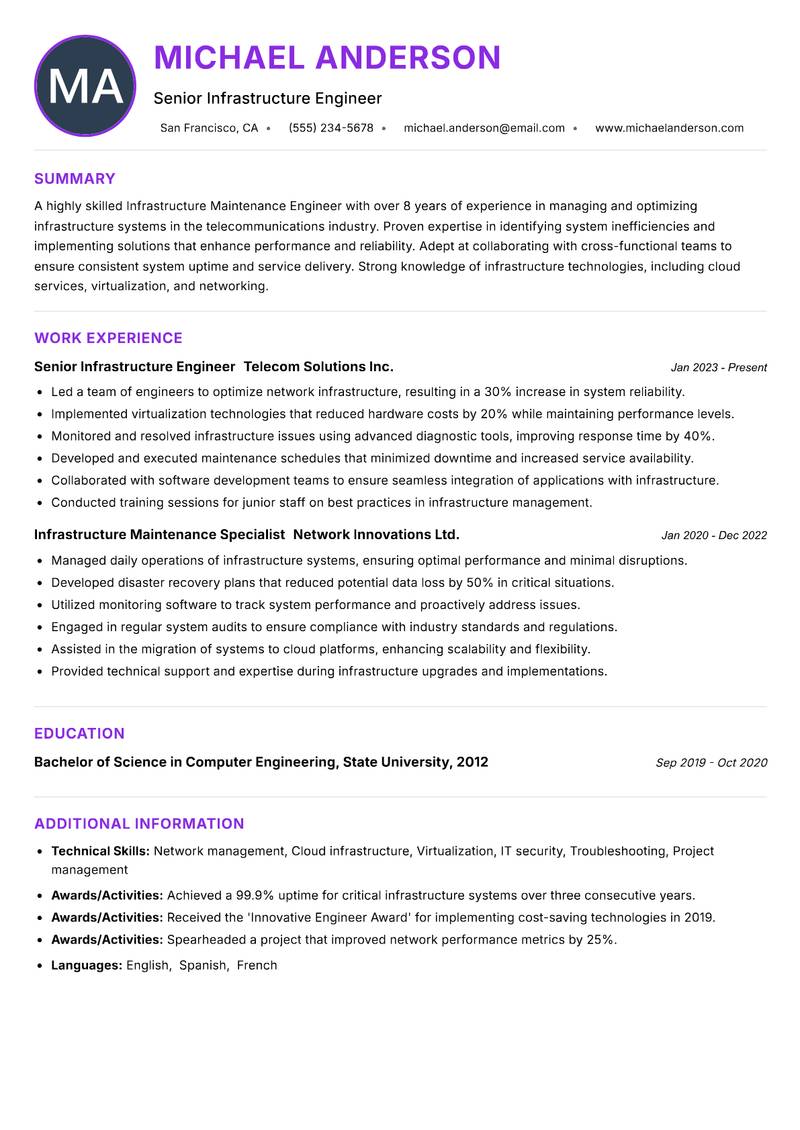 Infrastructure Maintenance Engineer Resume Preview Example