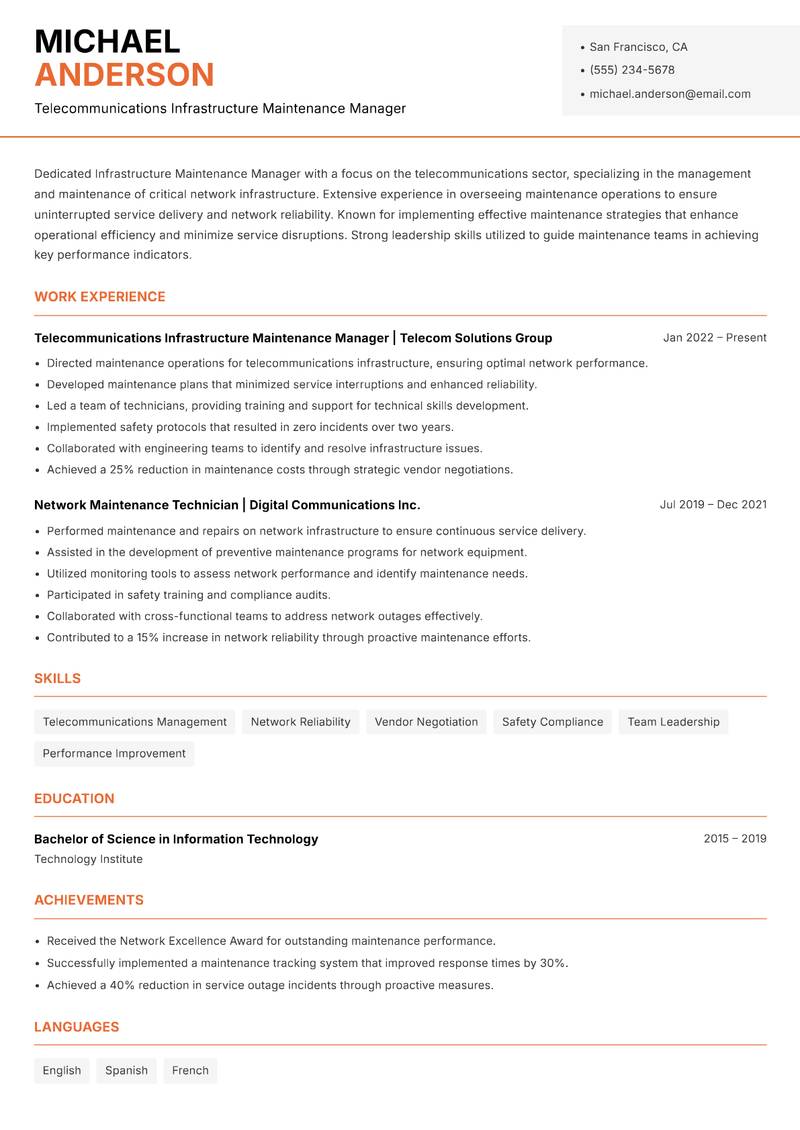 Infrastructure Maintenance Manager Resume Template