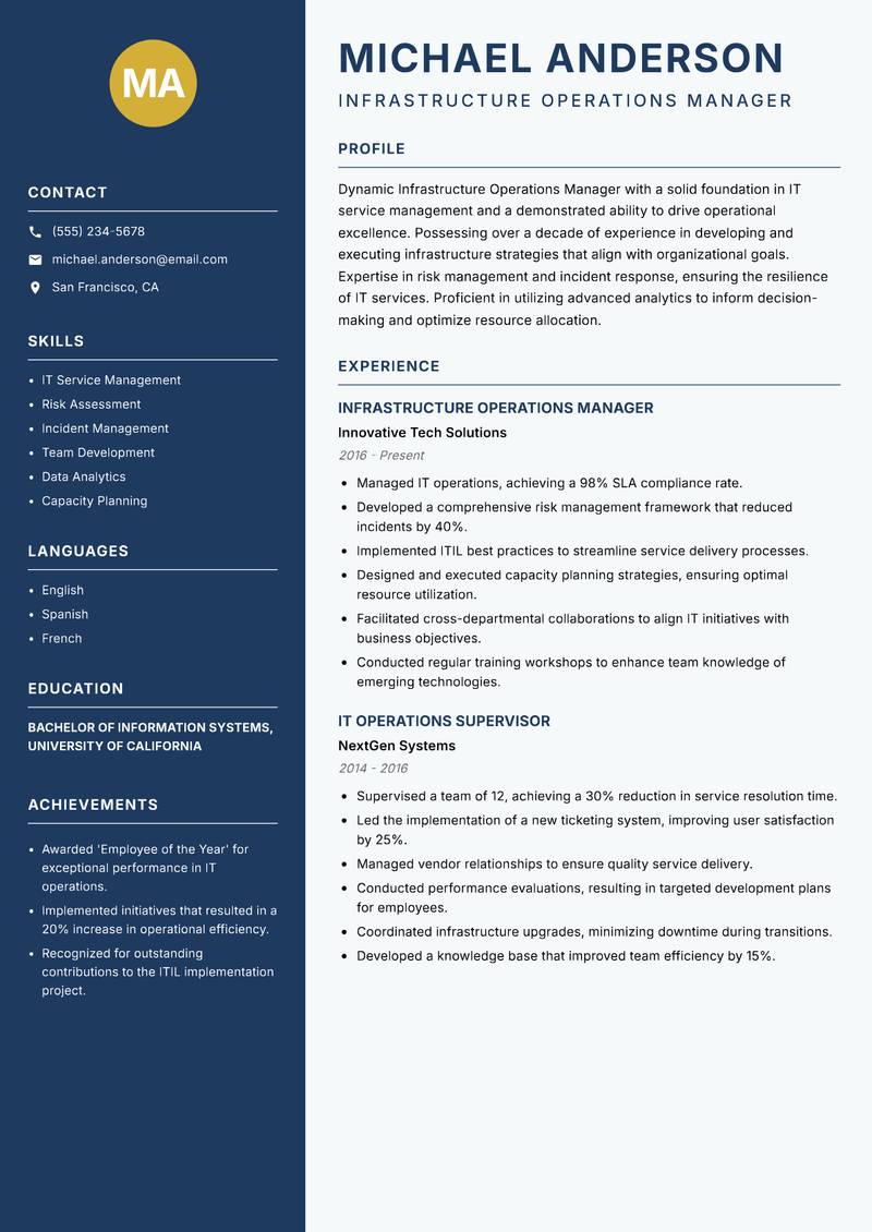 Infrastructure Operations Manager Resume Preview Example