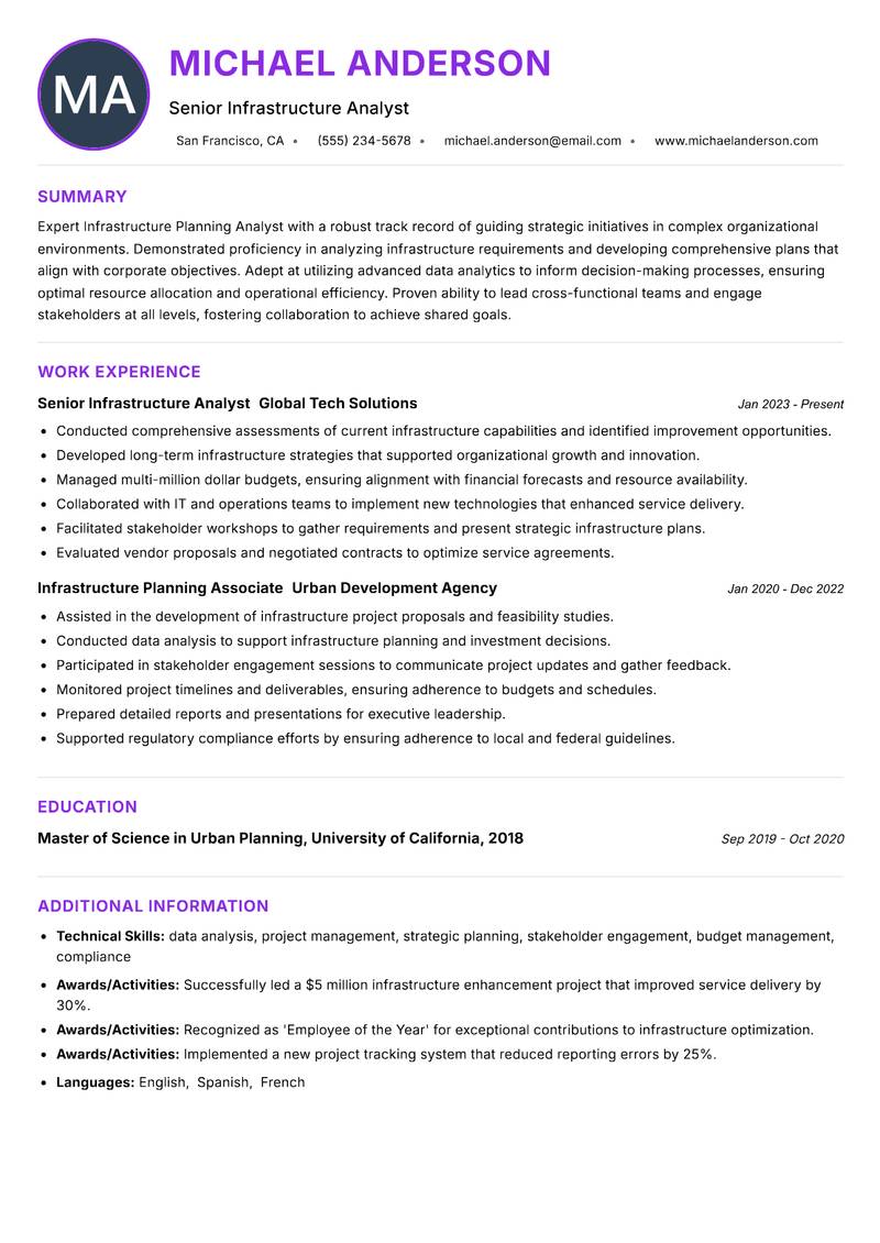 Infrastructure Planning Analyst Resume Preview Example