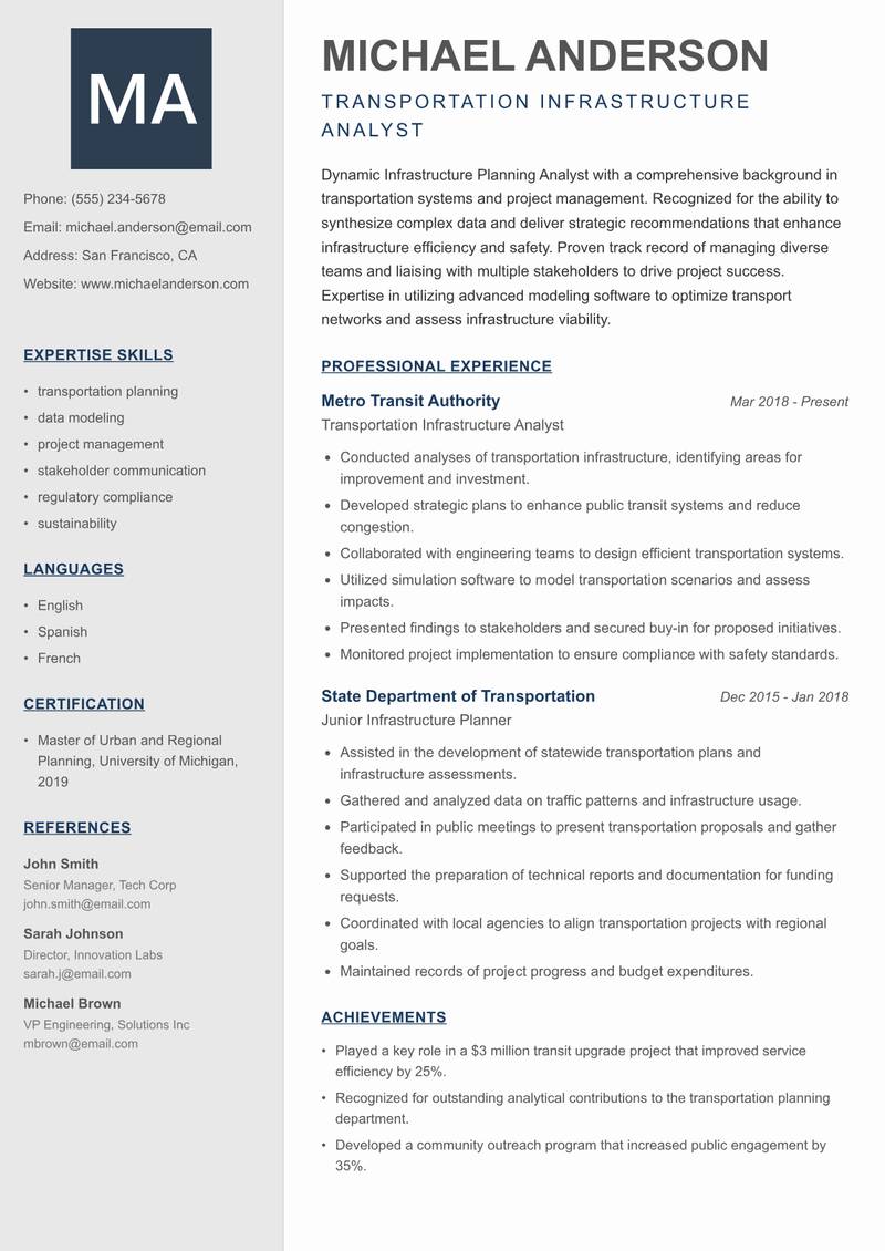 Infrastructure Planning Analyst Resume Preview Example