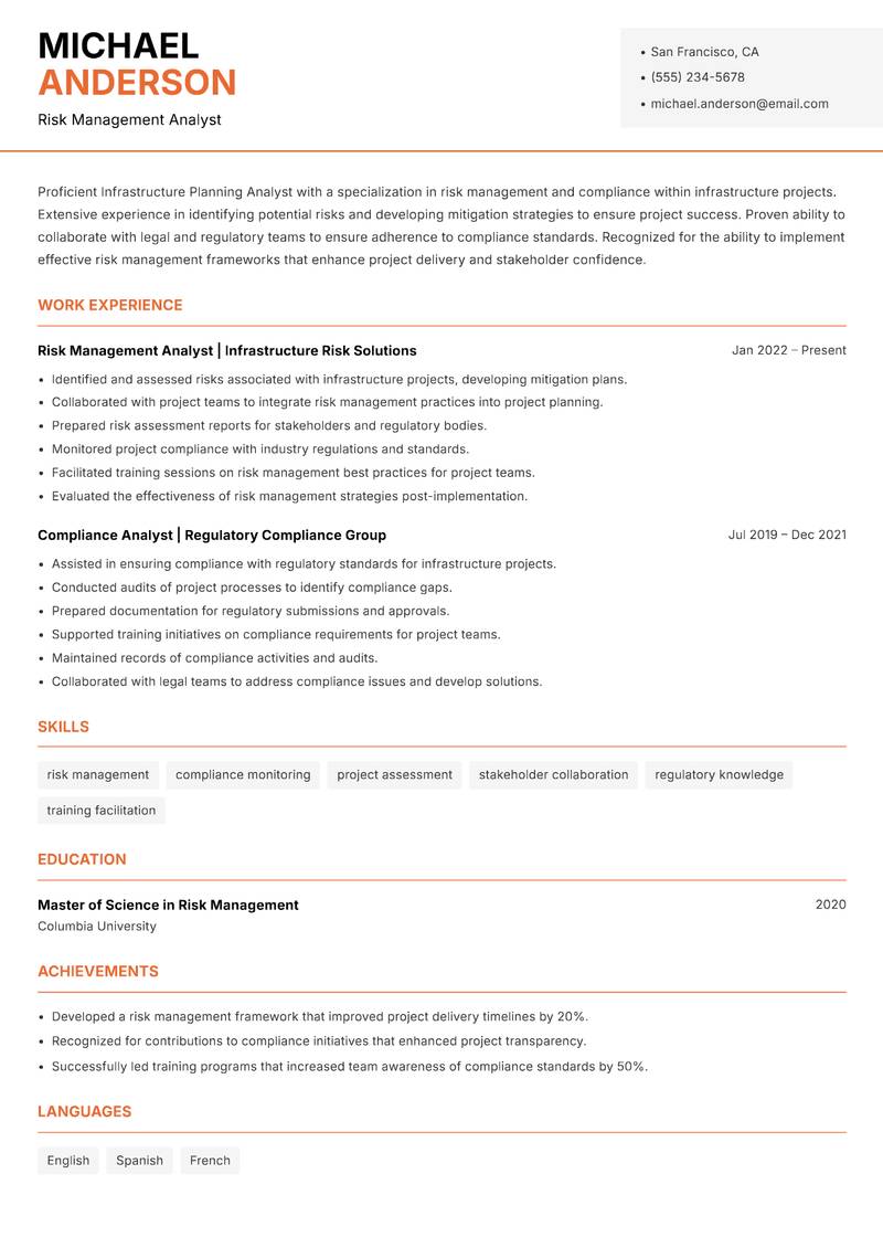 Infrastructure Planning Analyst Resume Template