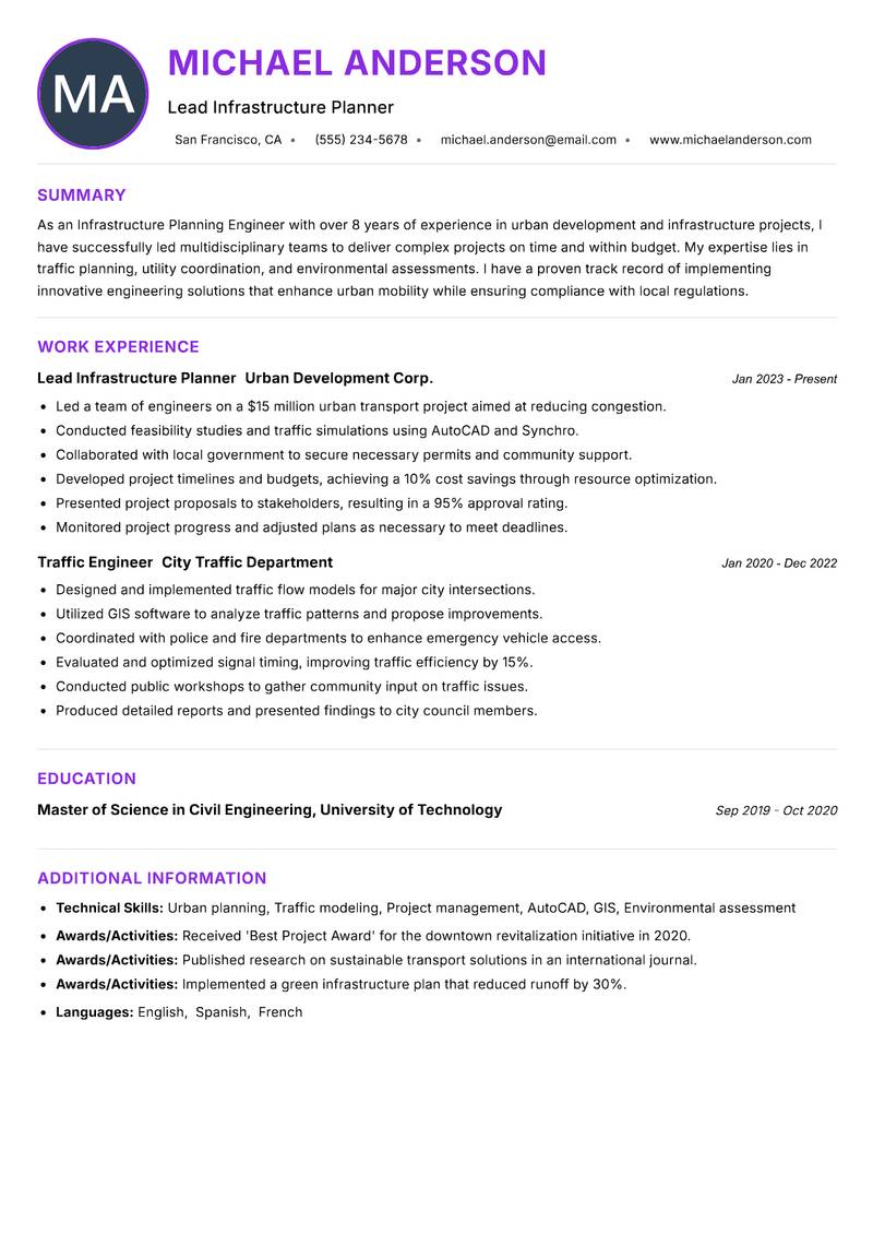 Infrastructure Planning Engineer Resume Preview Example