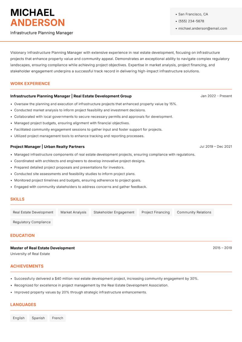 Infrastructure Planning Manager Resume Template