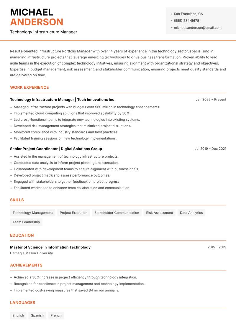 Infrastructure Portfolio Manager Resume Template