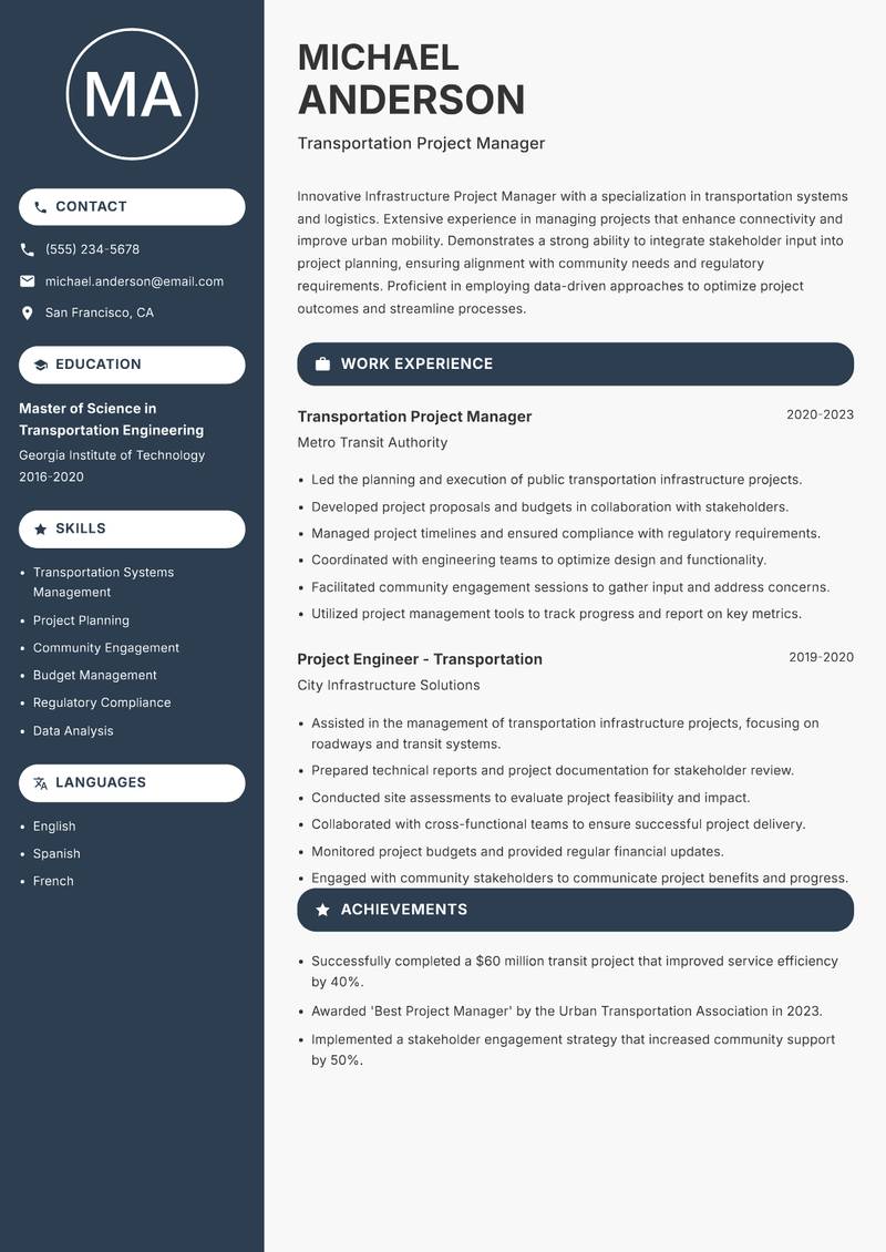 Infrastructure Project Manager Resume Preview Example