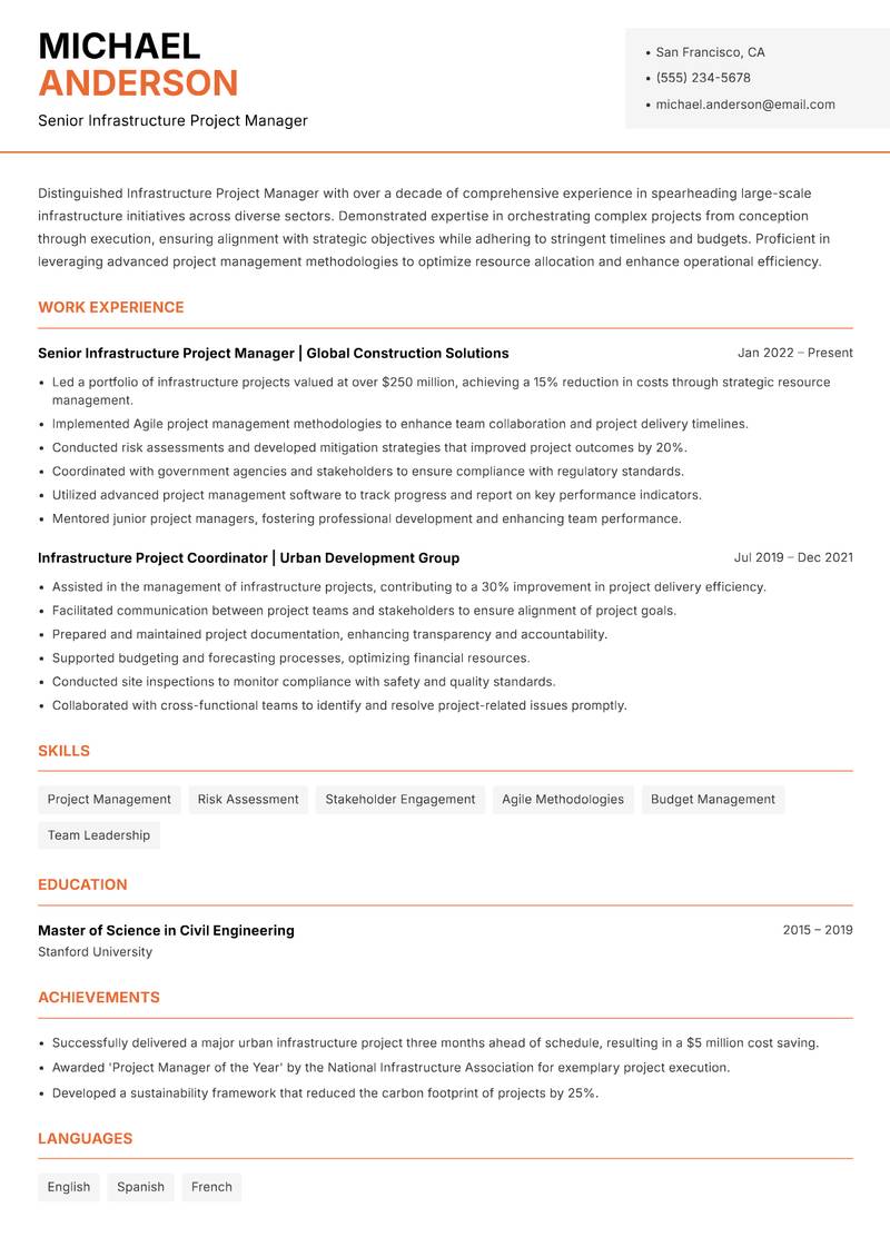 Infrastructure Project Manager Resume Template