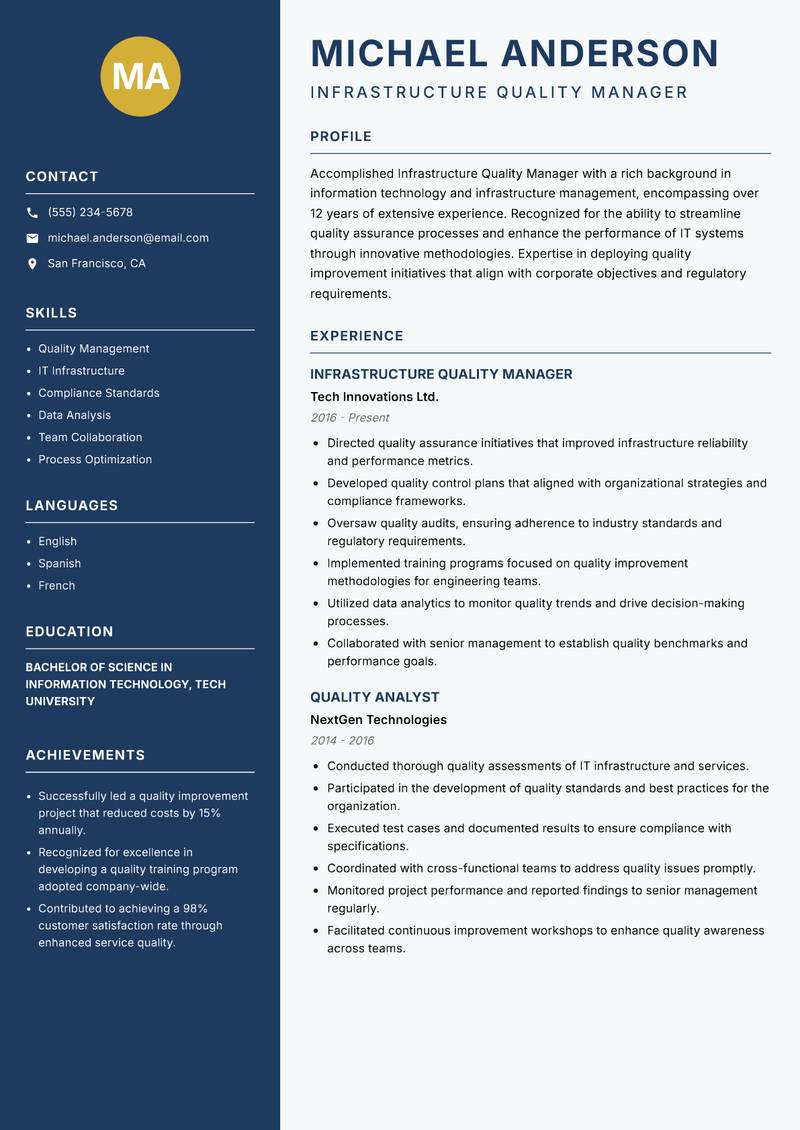 Infrastructure Quality Manager Resume Preview Example