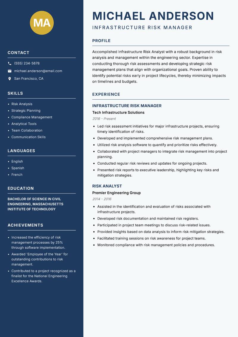 Infrastructure Risk Analyst Resume Preview Example