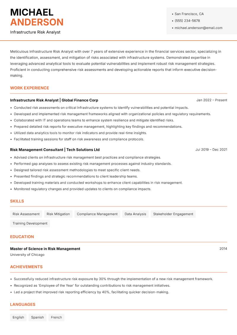Infrastructure Risk Analyst Resume Template