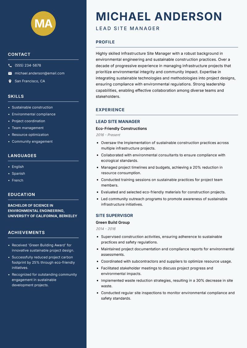 Infrastructure Site Manager Resume Preview Example