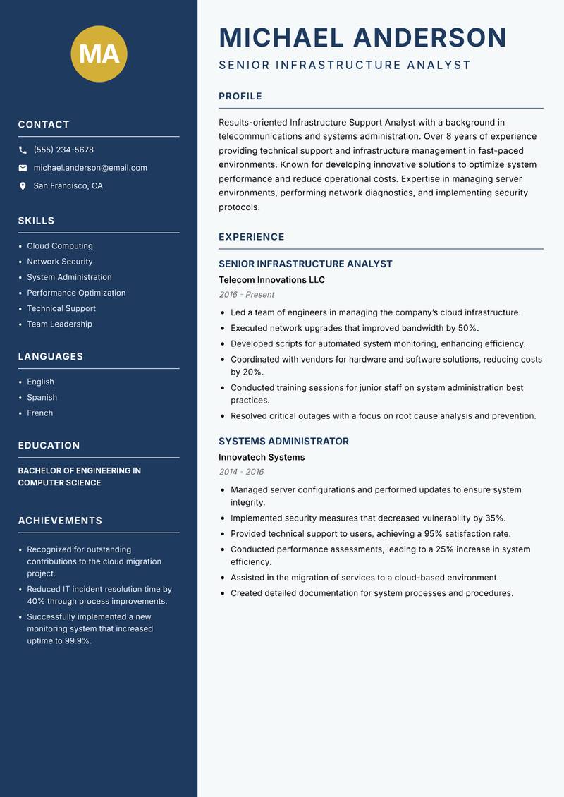 Infrastructure Support Analyst Resume Preview Example