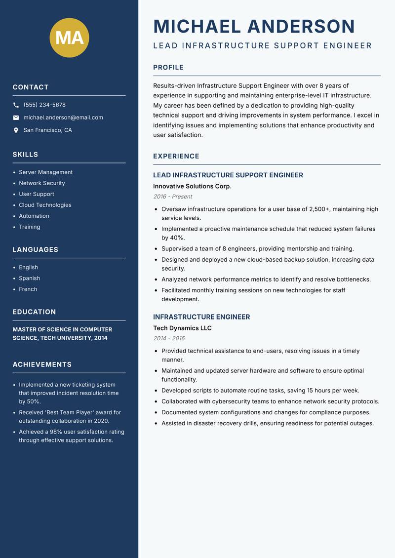 Infrastructure Support Engineer Resume Preview Example