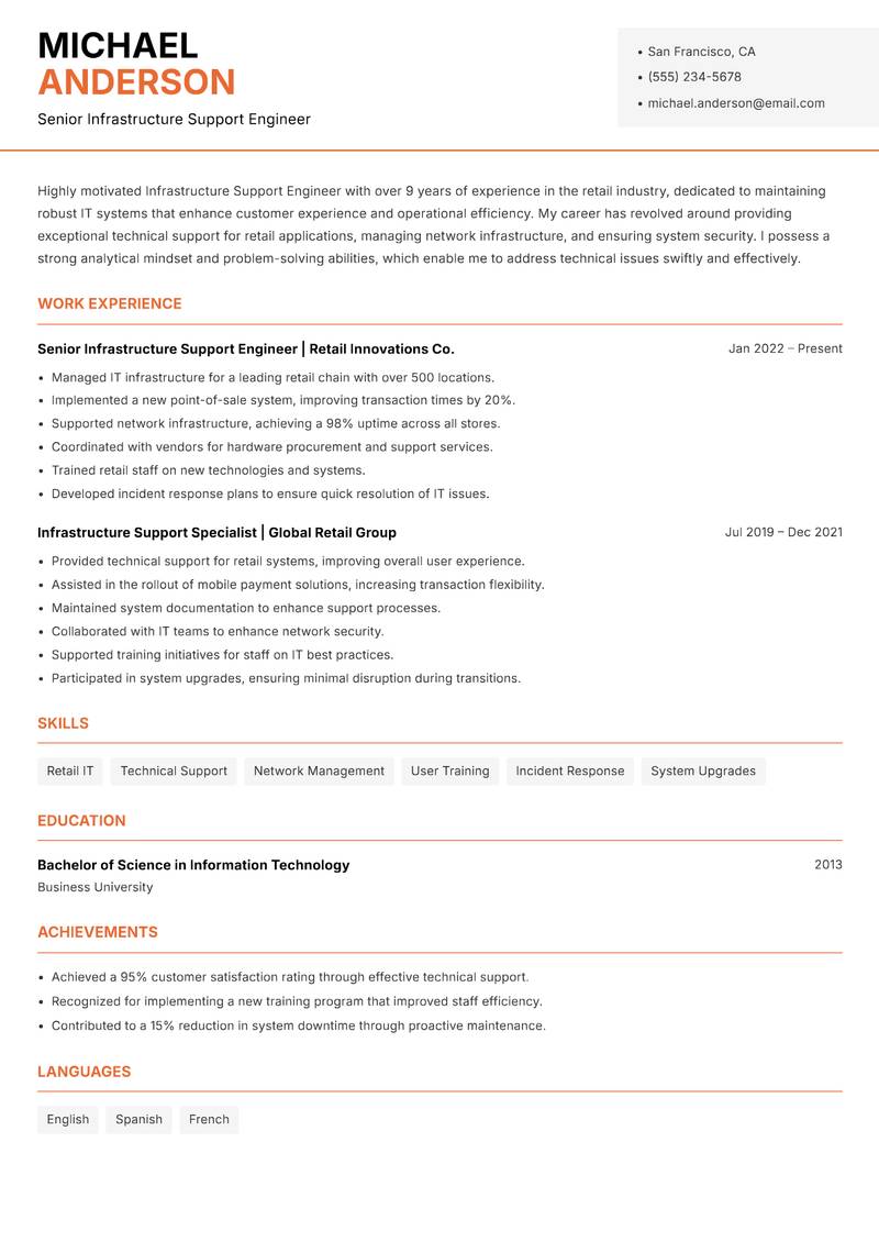 Infrastructure Support Engineer Resume Template