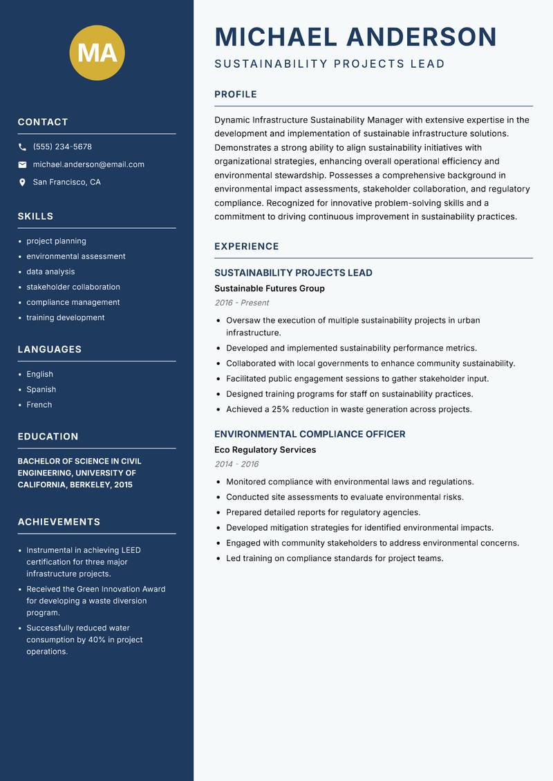 Infrastructure Sustainability Manager Resume Preview Example