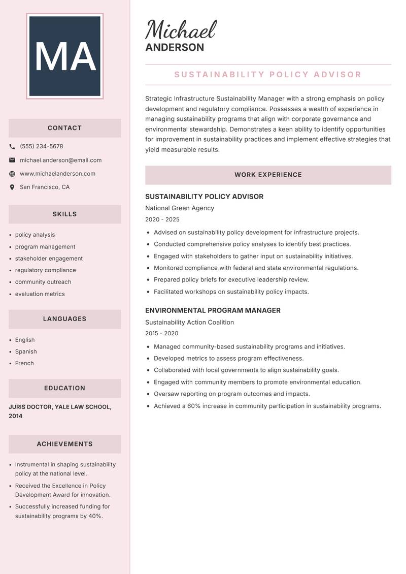 Infrastructure Sustainability Manager Resume Preview Example