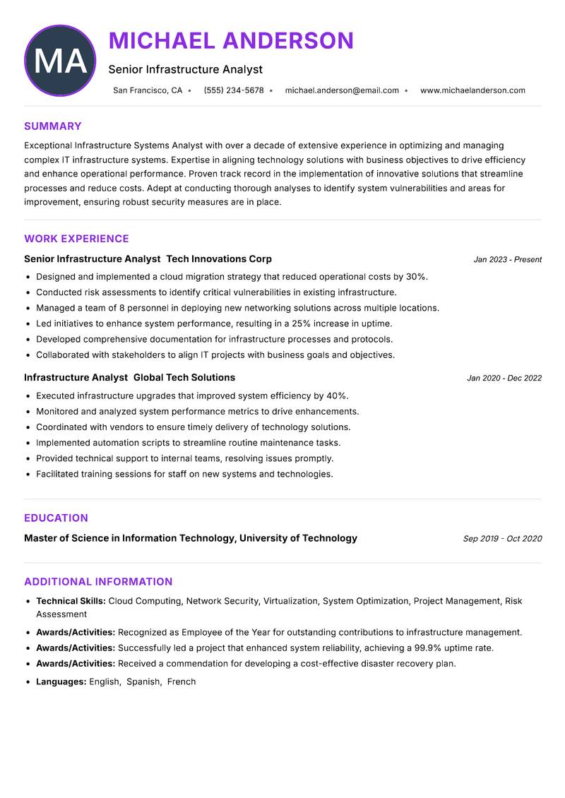 Infrastructure Systems Analyst Resume Preview Example