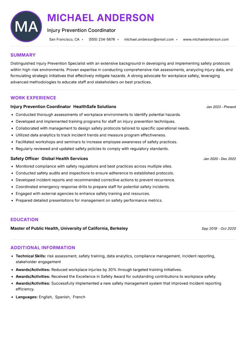 Injury Prevention Specialist Resume Preview Example