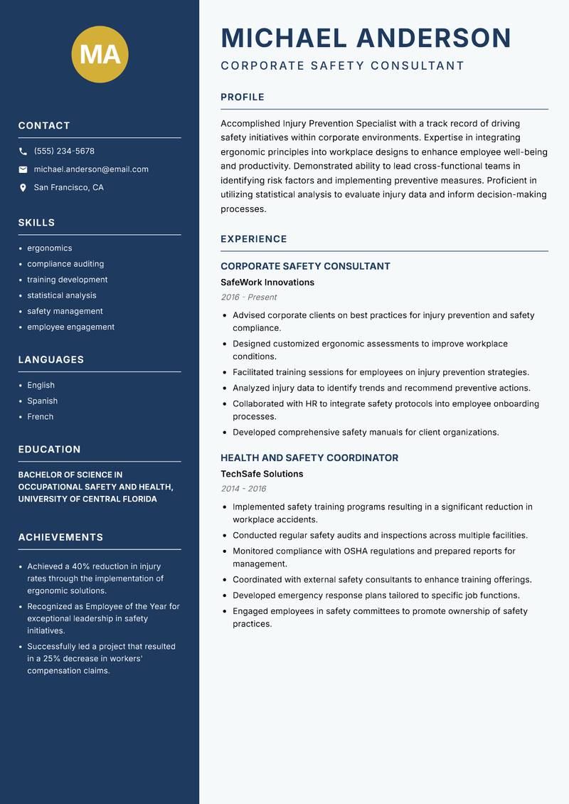 Injury Prevention Specialist Resume Preview Example