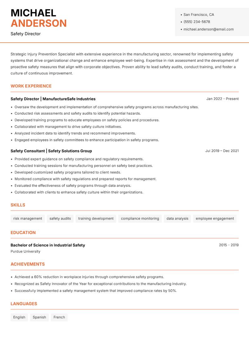 Injury Prevention Specialist Resume Template